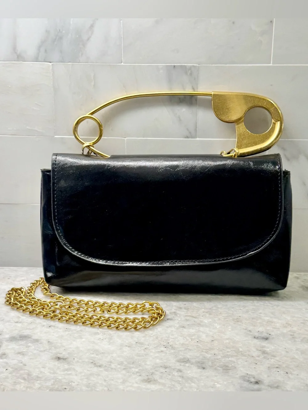 New Black Faux Leather Jumbo Safety Pin Crossbody Clutch Purse w/ Chain Strap